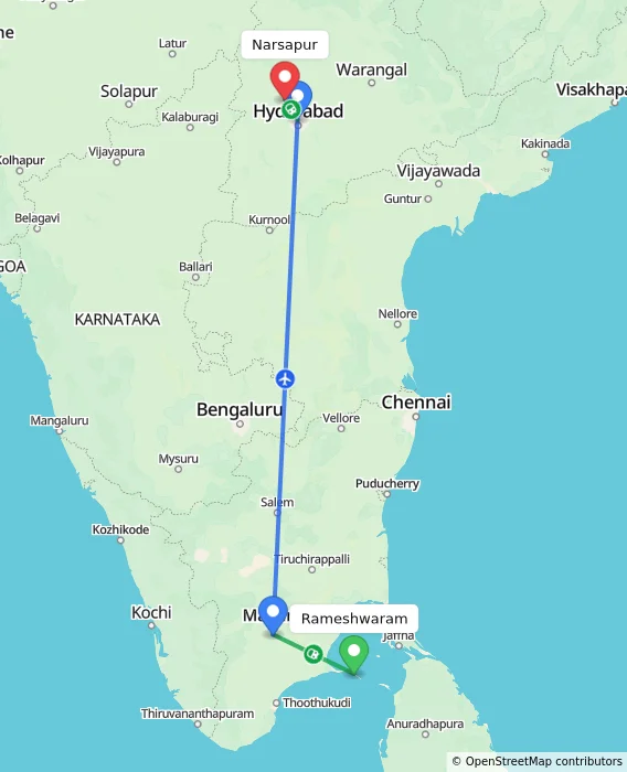 Route map showing distance and travel time from Rameshwaram, India to Narsapur, India