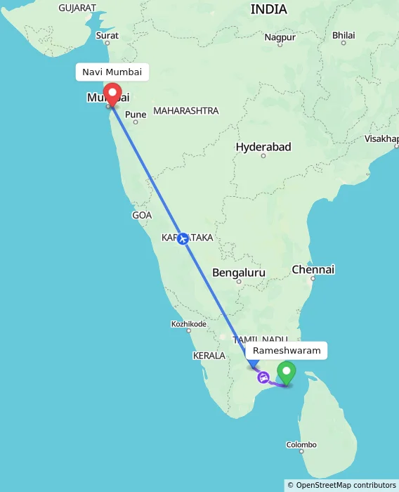Route map showing distance and travel time from Rameshwaram, India to Navi Mumbai, India