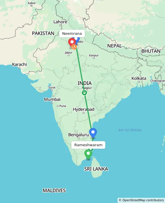 Route map showing distance and travel time from Rameshwaram, India to Neemrana, India