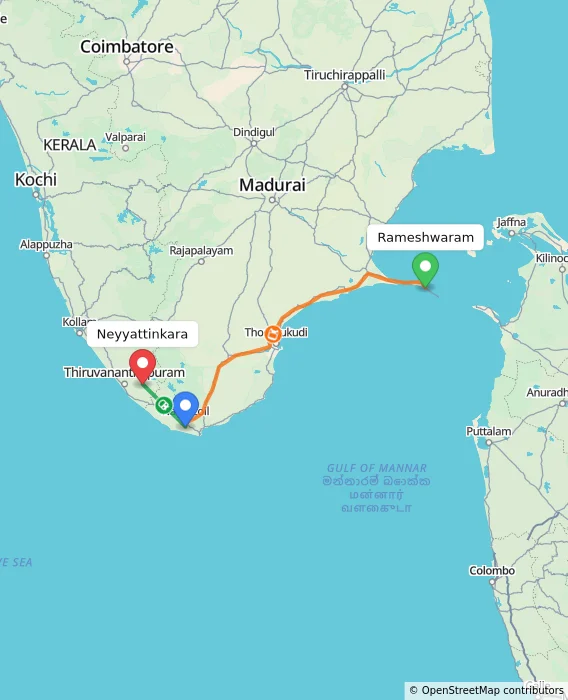 Route map showing distance and travel time from Rameshwaram, India to Neyyattinkara, India