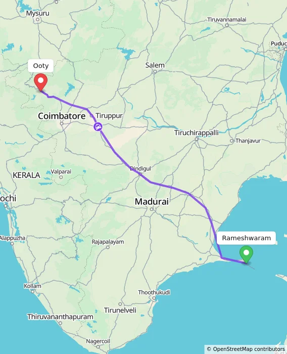 Route map showing distance and travel time from Rameshwaram, India to Ooty, India