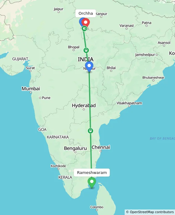 Route map showing distance and travel time from Rameshwaram, India to Orchha, India