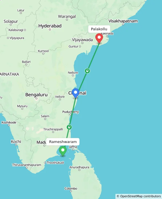Route map showing distance and travel time from Rameshwaram, India to Palakollu, India