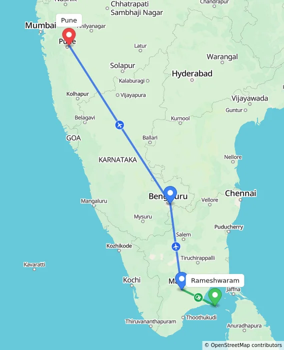 Route map showing distance and travel time from Rameshwaram, India to Pune, India