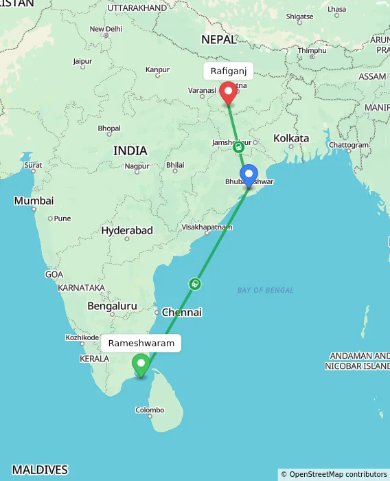 Route map showing distance and travel time from Rameshwaram, India to Rafiganj, India