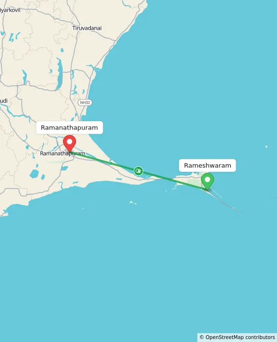 Route map showing distance and travel time from Rameshwaram, India to Ramanathapuram, India