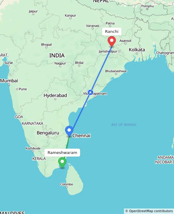 Route map showing distance and travel time from Rameshwaram, India to Ranchi, India