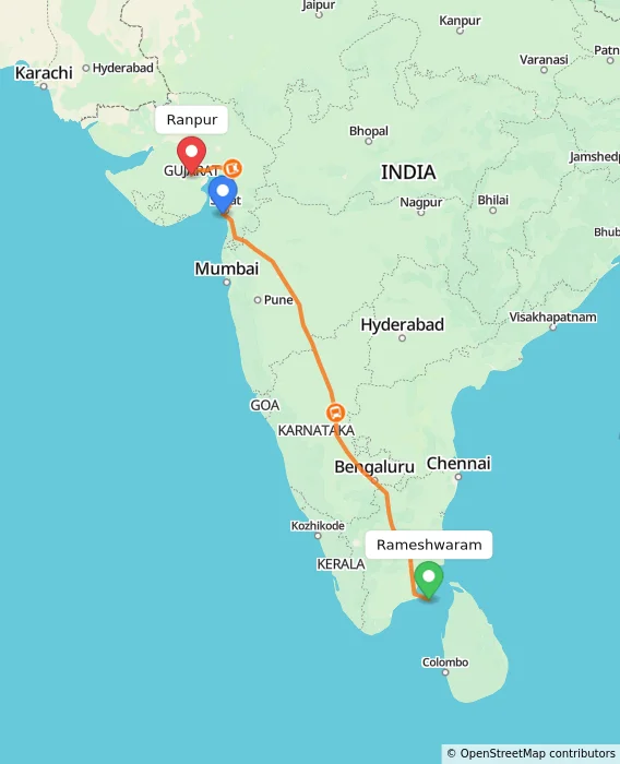 Route map showing distance and travel time from Rameshwaram, India to Ranpur, India