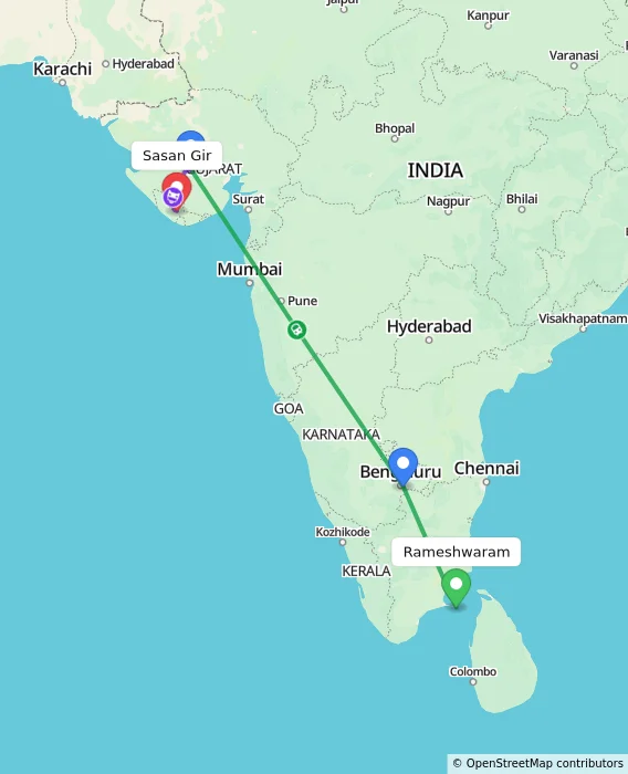 Route map showing distance and travel time from Rameshwaram, India to Sasan Gir, India