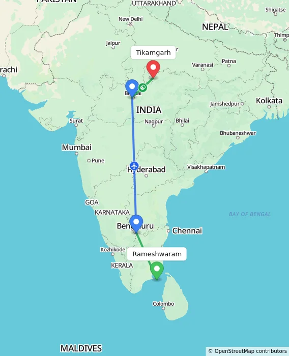 Route map showing distance and travel time from Rameshwaram, India to Tikamgarh, India