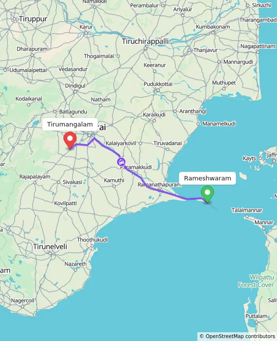 Route map showing distance and travel time from Rameshwaram, India to Tirumangalam, India