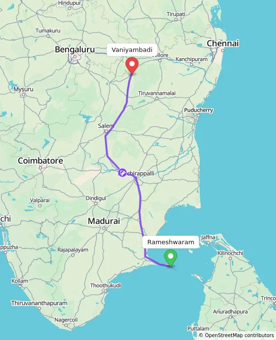 Route map showing distance and travel time from Rameshwaram, India to Vaniyambadi, India