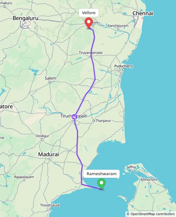 Route map showing distance and travel time from Rameshwaram, India to Vellore, India
