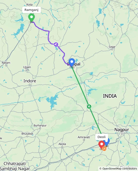 Route map showing distance and travel time from Ramganj, India to Deoli, India