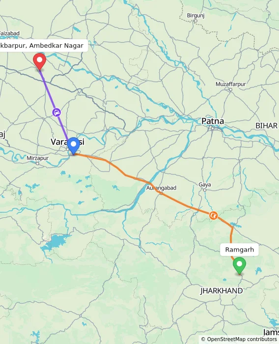 Route map showing distance and travel time from Ramgarh, India to Akbarpur, Ambedkar Nagar, India