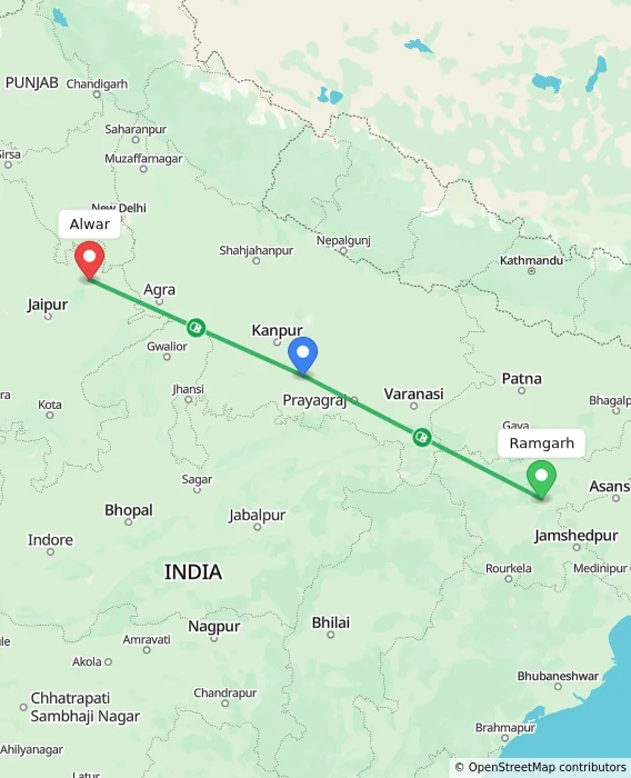 Route map showing distance and travel time from Ramgarh, India to Alwar, India