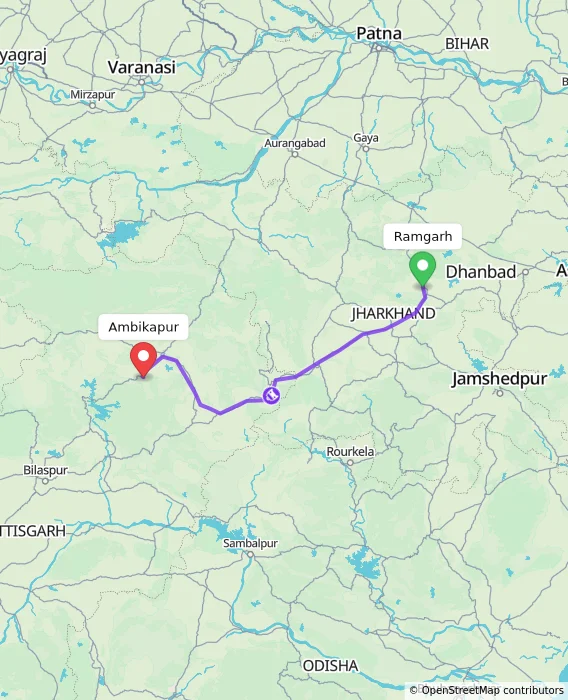 Route map showing distance and travel time from Ramgarh, India to Ambikapur, India