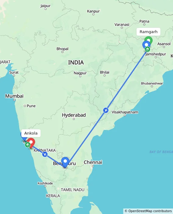 Route map showing distance and travel time from Ramgarh, India to Ankola, India