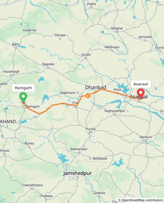Route map showing distance and travel time from Ramgarh, India to Asansol, India