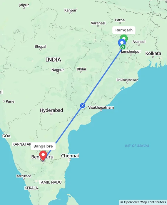 Route map showing distance and travel time from Ramgarh, India to Bangalore, India