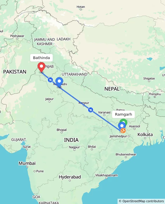 Route map showing distance and travel time from Ramgarh, India to Bathinda, India