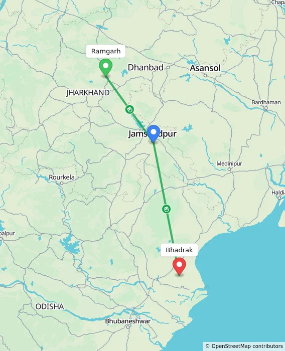 Route map showing distance and travel time from Ramgarh, India to Bhadrak, India