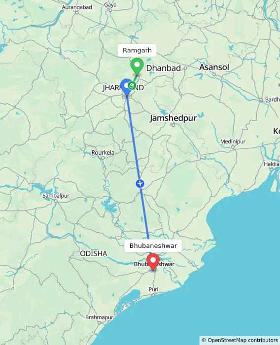 Route map showing distance and travel time from Ramgarh, India to Bhubaneshwar, India