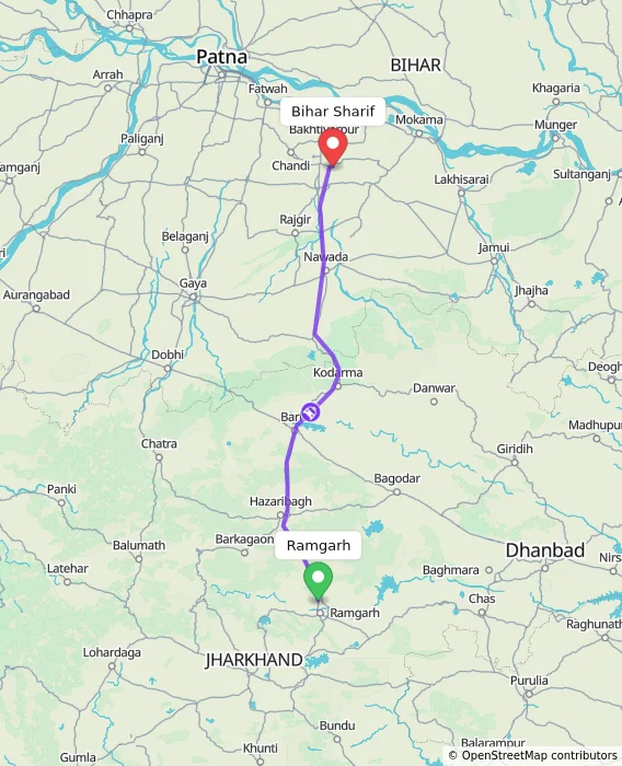 Route map showing distance and travel time from Ramgarh, India to Bihar Sharif, India