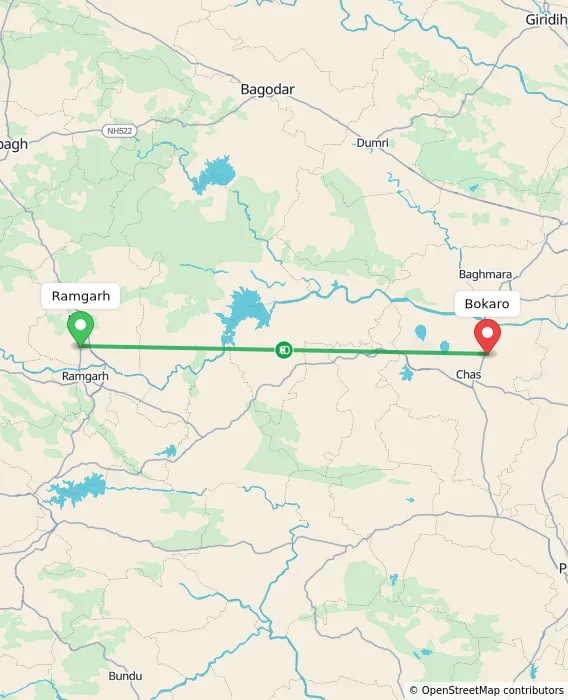 Route map showing distance and travel time from Ramgarh, India to Bokaro, India