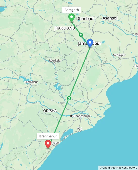 Route map showing distance and travel time from Ramgarh, India to Brahmapur, India