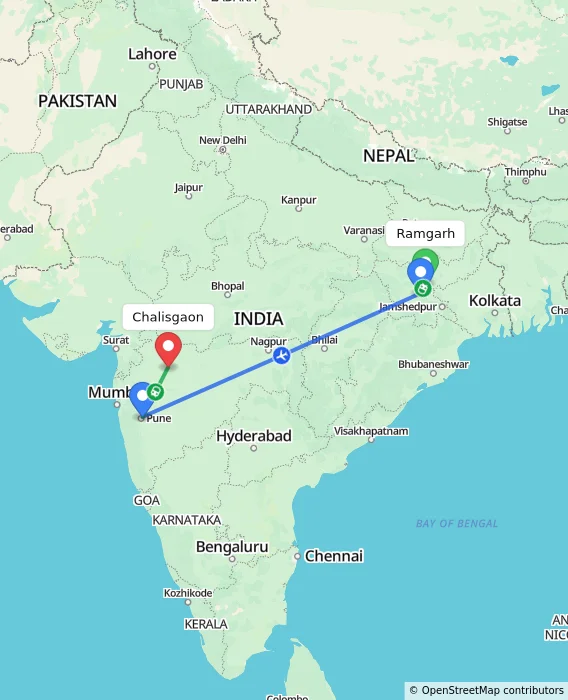 Route map showing distance and travel time from Ramgarh, India to Chalisgaon, India