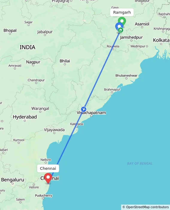 Route map showing distance and travel time from Ramgarh, India to Chennai, India