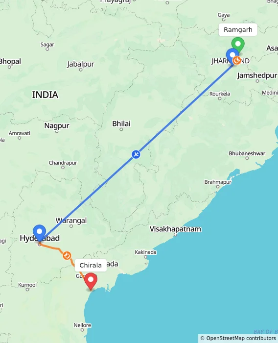 Route map showing distance and travel time from Ramgarh, India to Chirala, India