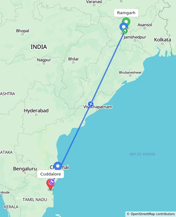 Route map showing distance and travel time from Ramgarh, India to Cuddalore, India