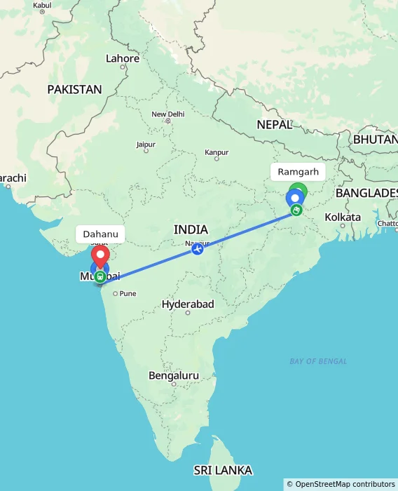 Route map showing distance and travel time from Ramgarh, India to Dahanu, India