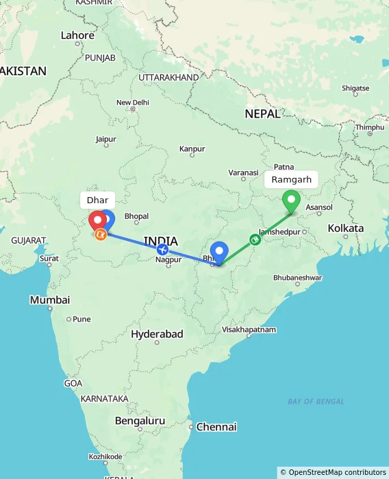 Route map showing distance and travel time from Ramgarh, India to Dhar, India