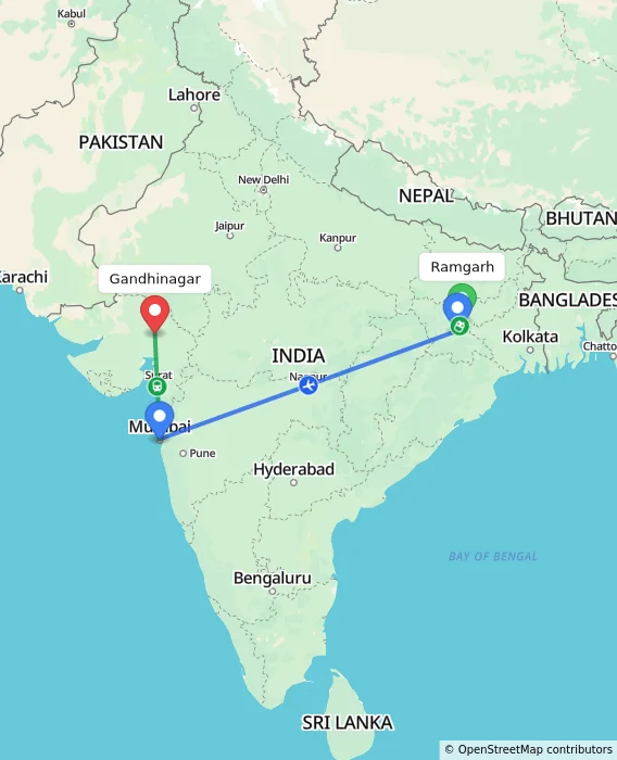 Route map showing distance and travel time from Ramgarh, India to Gandhinagar, India
