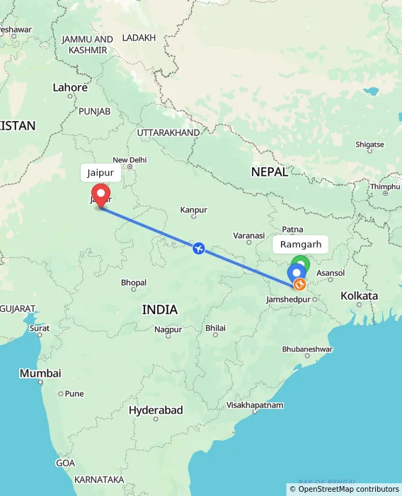 Route map showing distance and travel time from Ramgarh, India to Jaipur, India