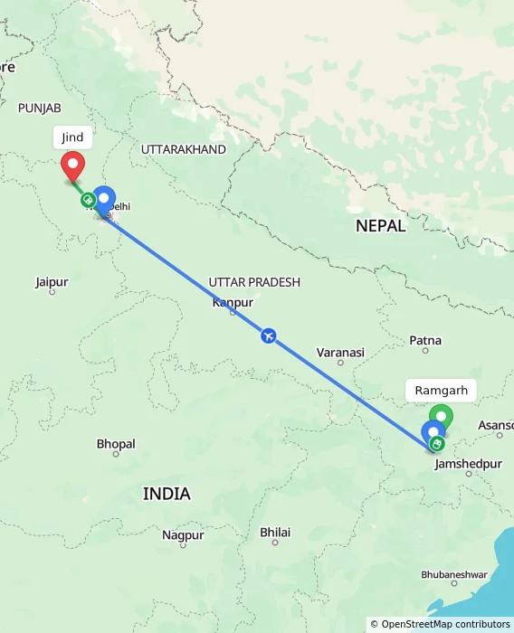 Route map showing distance and travel time from Ramgarh, India to Jind, India