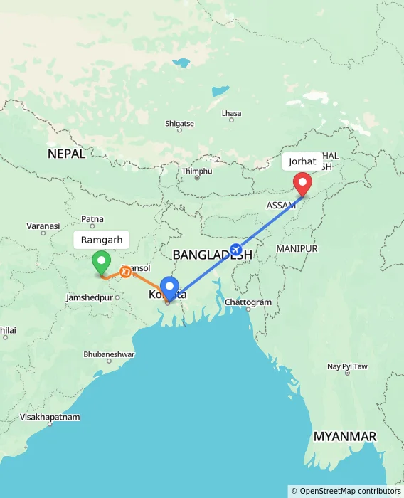 Route map showing distance and travel time from Ramgarh, India to Jorhat, India