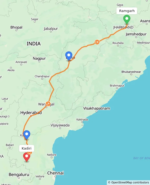 Route map showing distance and travel time from Ramgarh, India to Kadiri, India