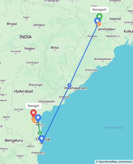 Route map showing distance and travel time from Ramgarh, India to Kanigiri, India