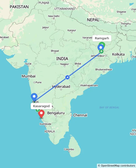 Route map showing distance and travel time from Ramgarh, India to Kasaragod, India