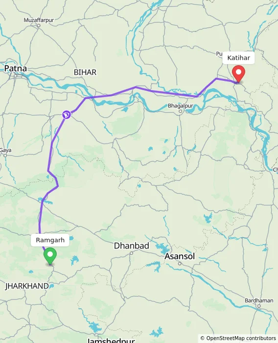 Route map showing distance and travel time from Ramgarh, India to Katihar, India
