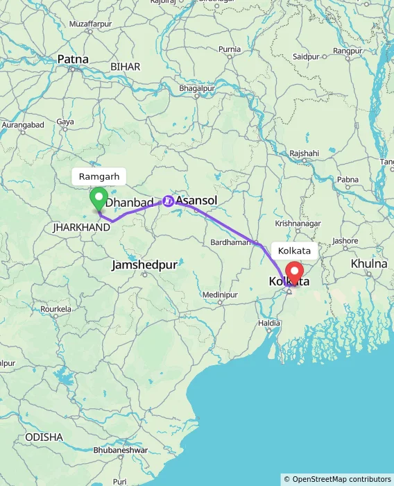 Route map showing distance and travel time from Ramgarh, India to Kolkata, India