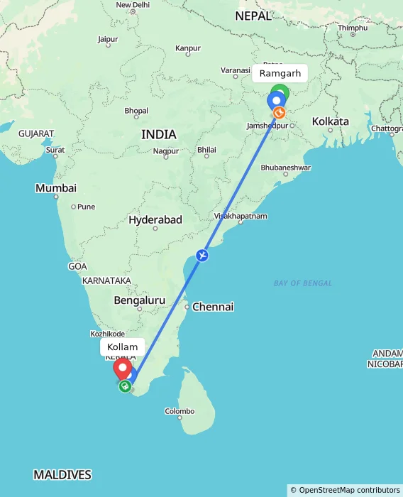 Route map showing distance and travel time from Ramgarh, India to Kollam, India