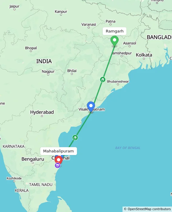 Route map showing distance and travel time from Ramgarh, India to Mahabalipuram, India