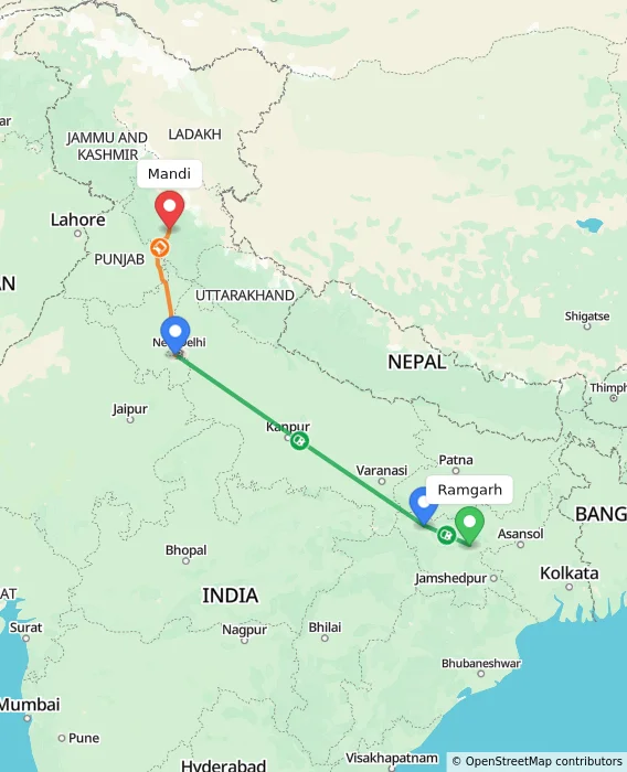 Route map showing distance and travel time from Ramgarh, India to Mandi, India