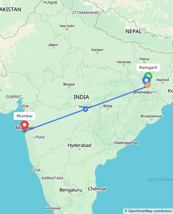 Route map showing distance and travel time from Ramgarh, India to Mumbai, India