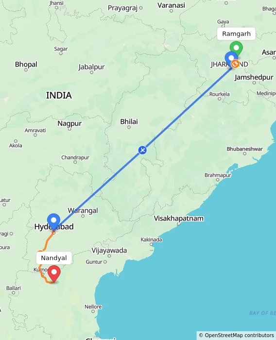 Route map showing distance and travel time from Ramgarh, India to Nandyal, India
